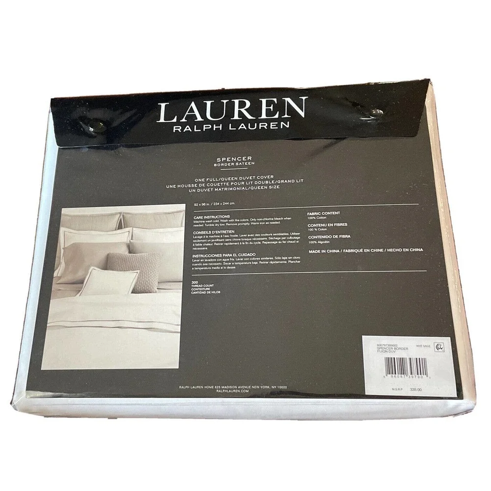 RALPH LAUREN Spencer Border Sateen Full/Queen Duvet 300TC White/Sage $335